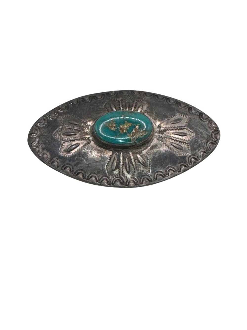 Vintage Southwestern Navajo Sterling Silver Green Turquoise Stamped Brooch Pin